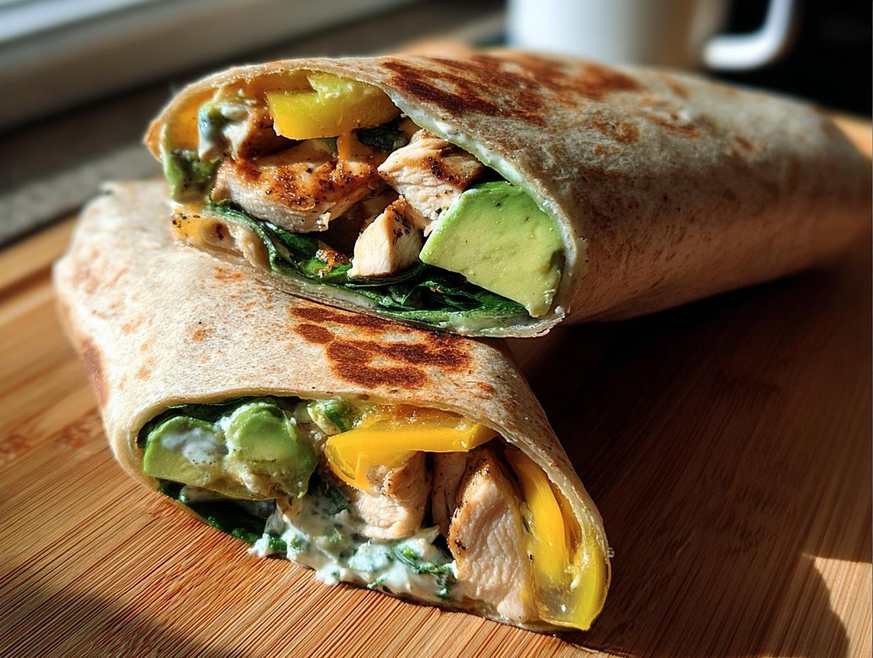 Two halves of a Healthy Garlic Chicken & Veggie Cheese Wrap on a wooden board, showing grilled chicken, avocado, bell peppers, and creamy sauce.