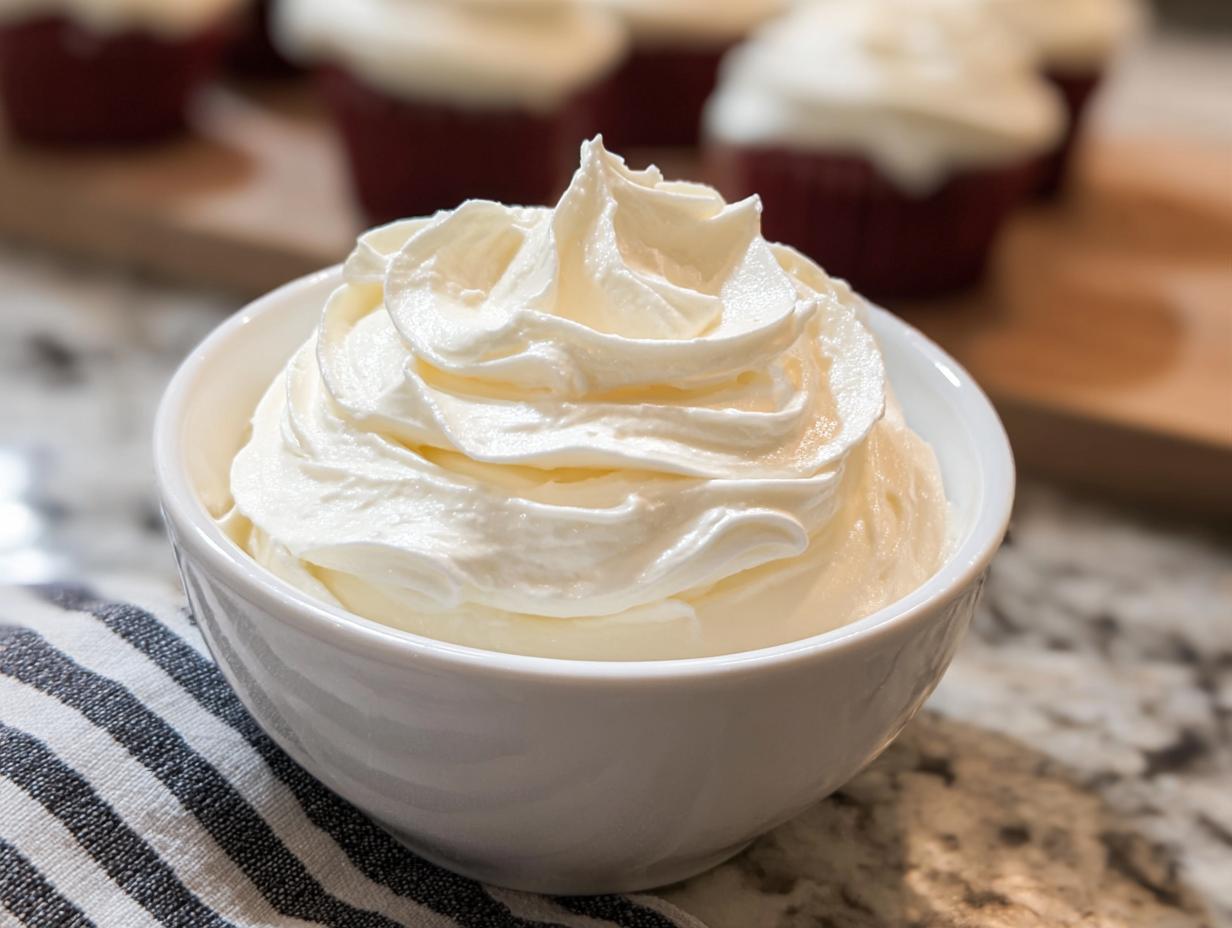 A close-up of a bowl filled with fluffy, piped Homemade Cooked Frosting, with unfrosted cupcakes in the background.