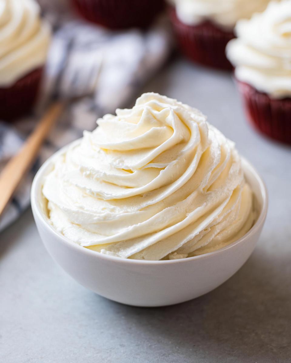 A close-up of a bowl filled with luscious, swirled Homemade Cooked Frosting.