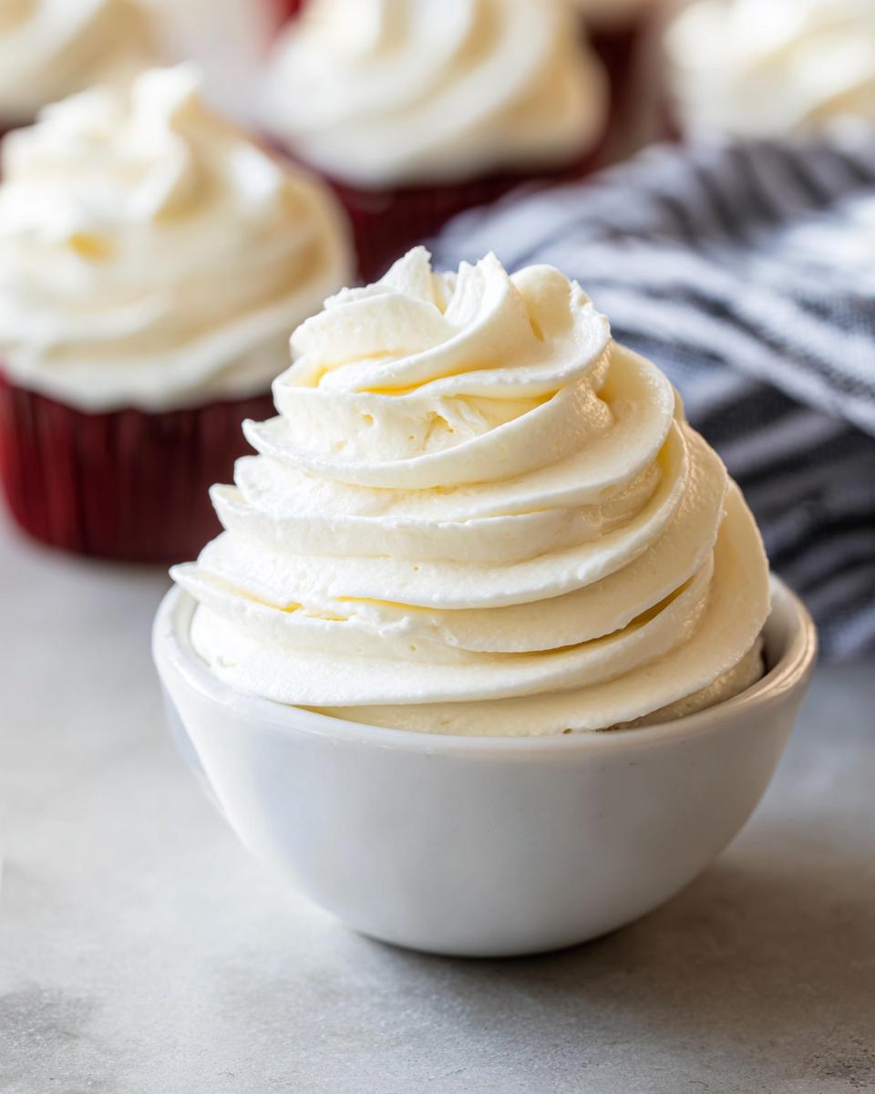 A close-up of a swirl of creamy Homemade Cooked Frosting in a white bowl, with unfocused cupcakes in the background.