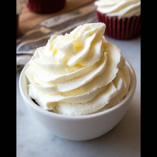 A close-up of a bowl filled with creamy, swirled Homemade Cooked Frosting.