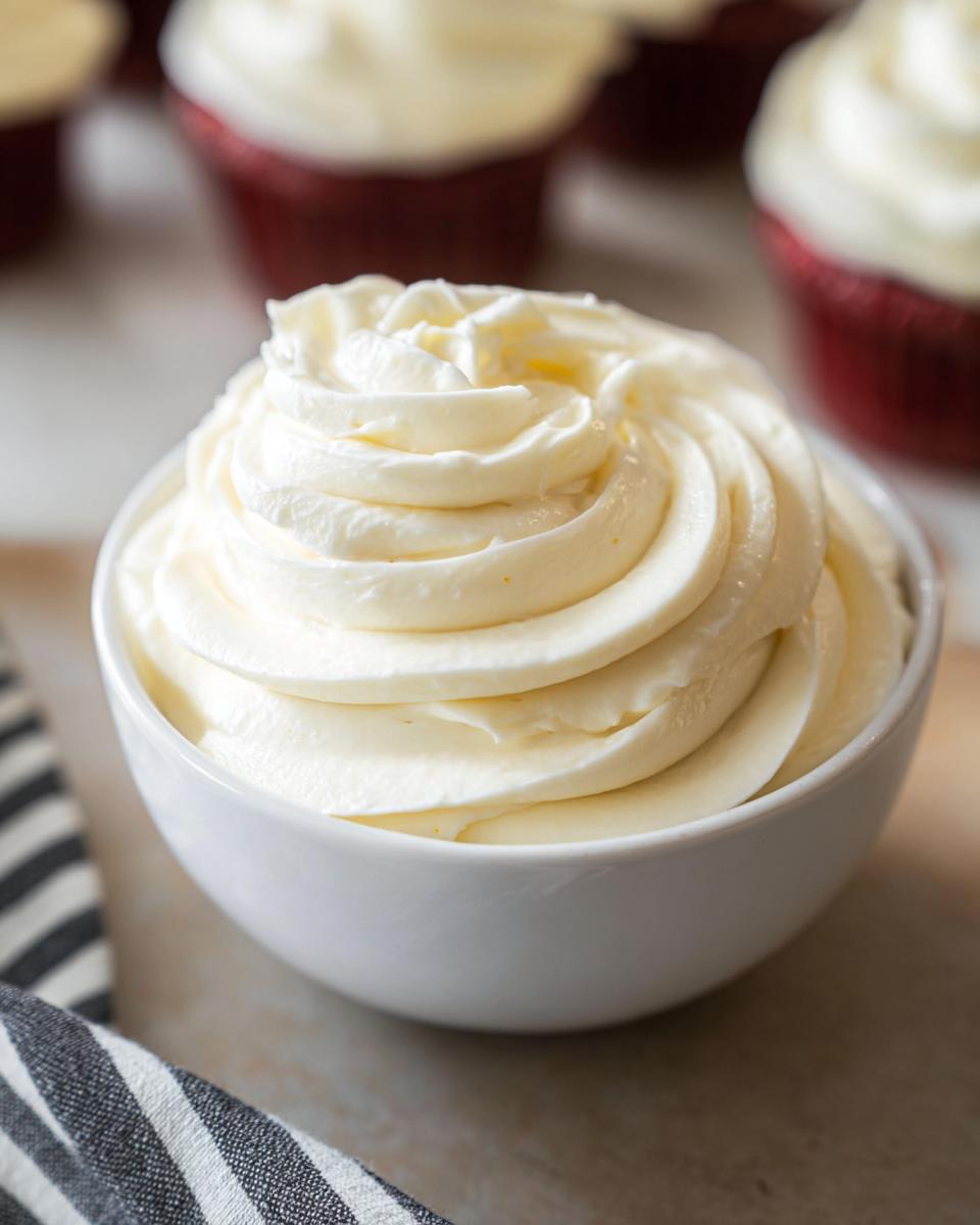 A bowl filled with smooth, swirled Homemade Cooked Frosting, with unfrosted cupcakes in the background.