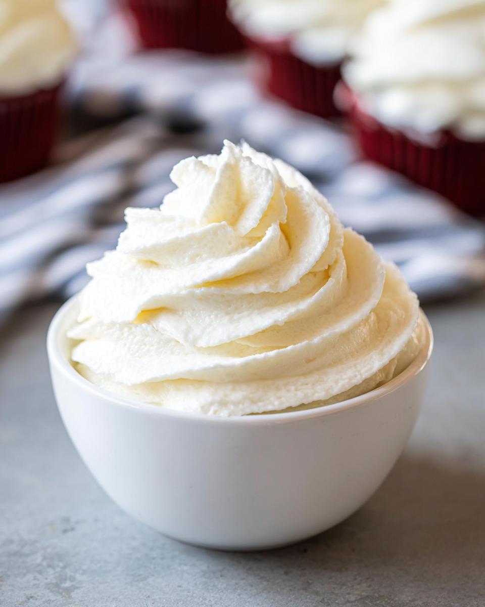 A bowl filled with a swirl of creamy, white Homemade Cooked Frosting, with cupcakes in the background.