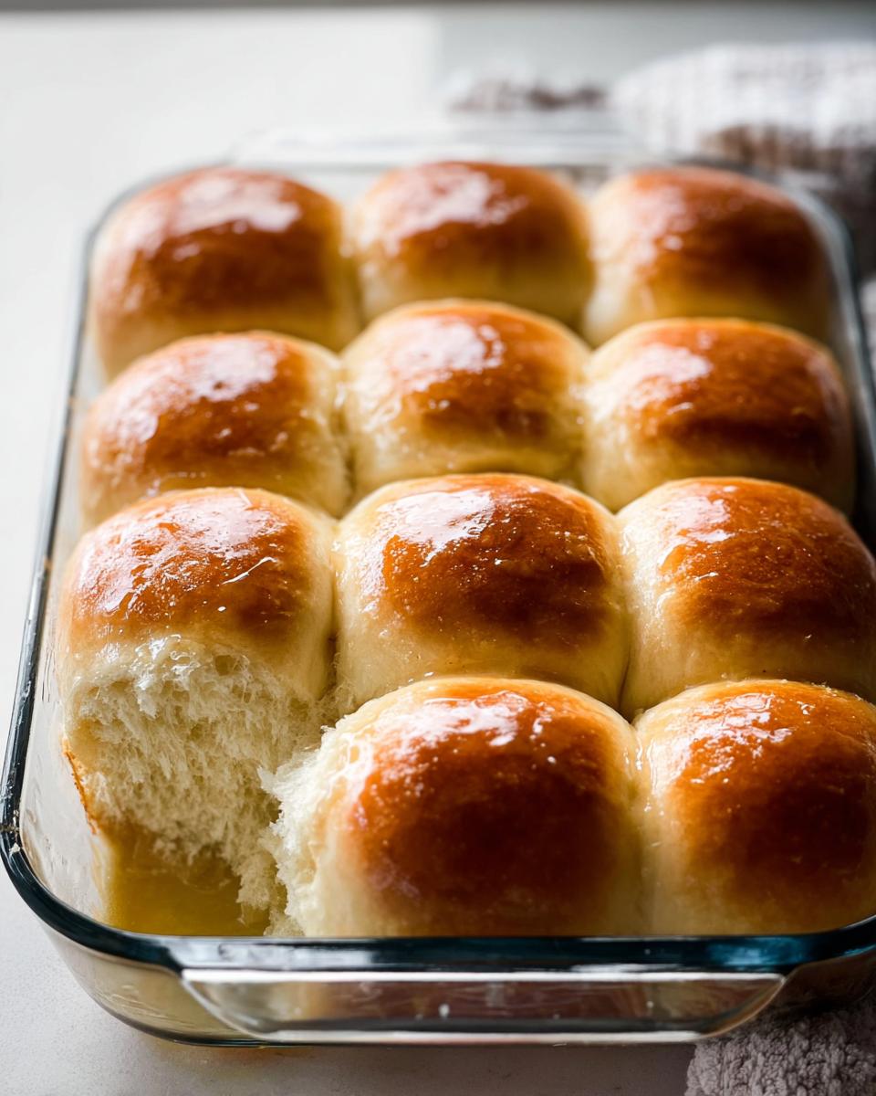 Close-up of a pan of golden-brown, fluffy homemade dinner rolls, with one roll pulled apart to show its soft interior.