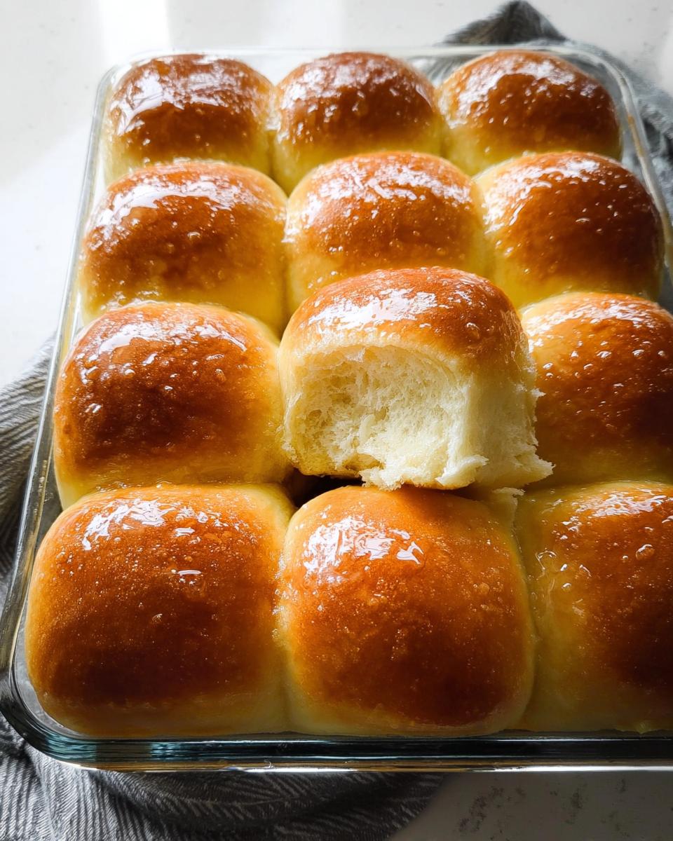 A close-up shot of golden-brown, fluffy homemade dinner rolls baked in a glass dish, with one roll pulled apart to show its soft interior.