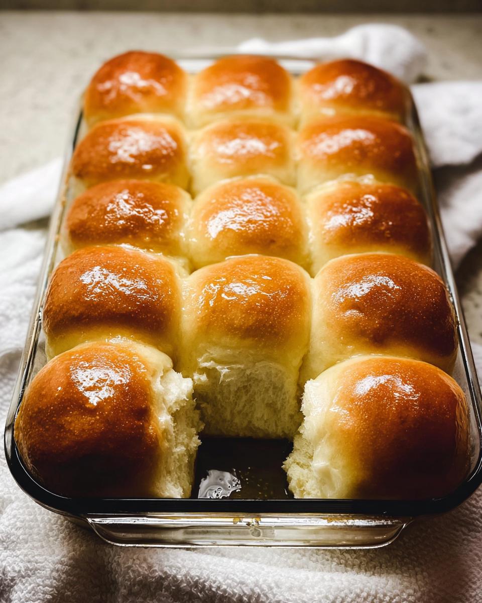 A close-up of golden brown, fluffy homemade dinner rolls baked in a glass dish, with some rolls pulled apart.