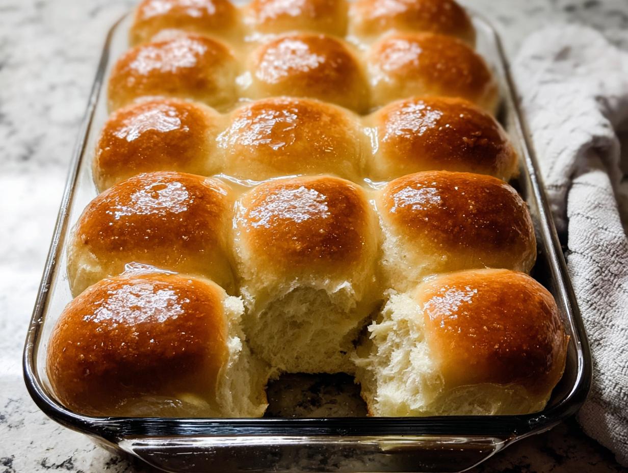 Close-up of a baking dish filled with fluffy, golden homemade dinner rolls, glistening with butter.