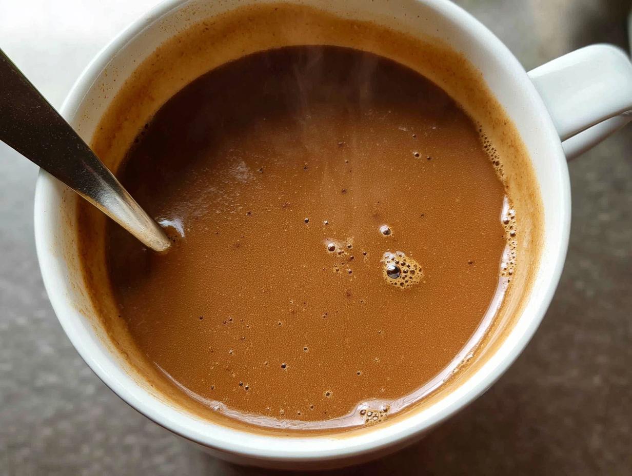 Close-up of steaming, rich homemade gravy in a white mug with a spoon.