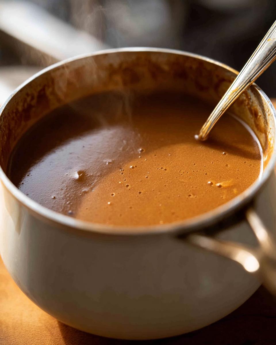 Close-up of steaming, rich brown homemade gravy in a pot with a spoon.
