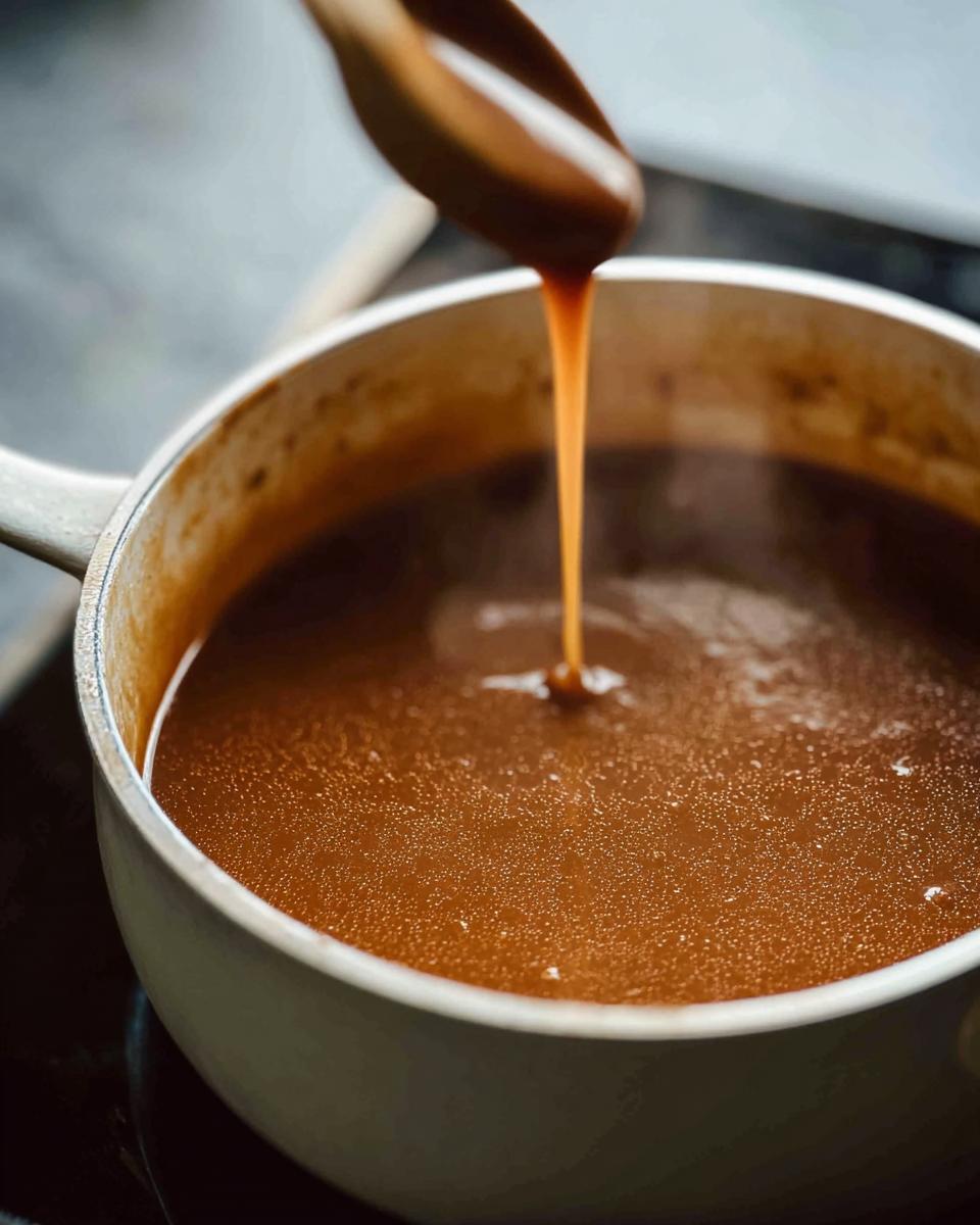 A wooden spoon pouring rich, glossy homemade gravy into a pot.