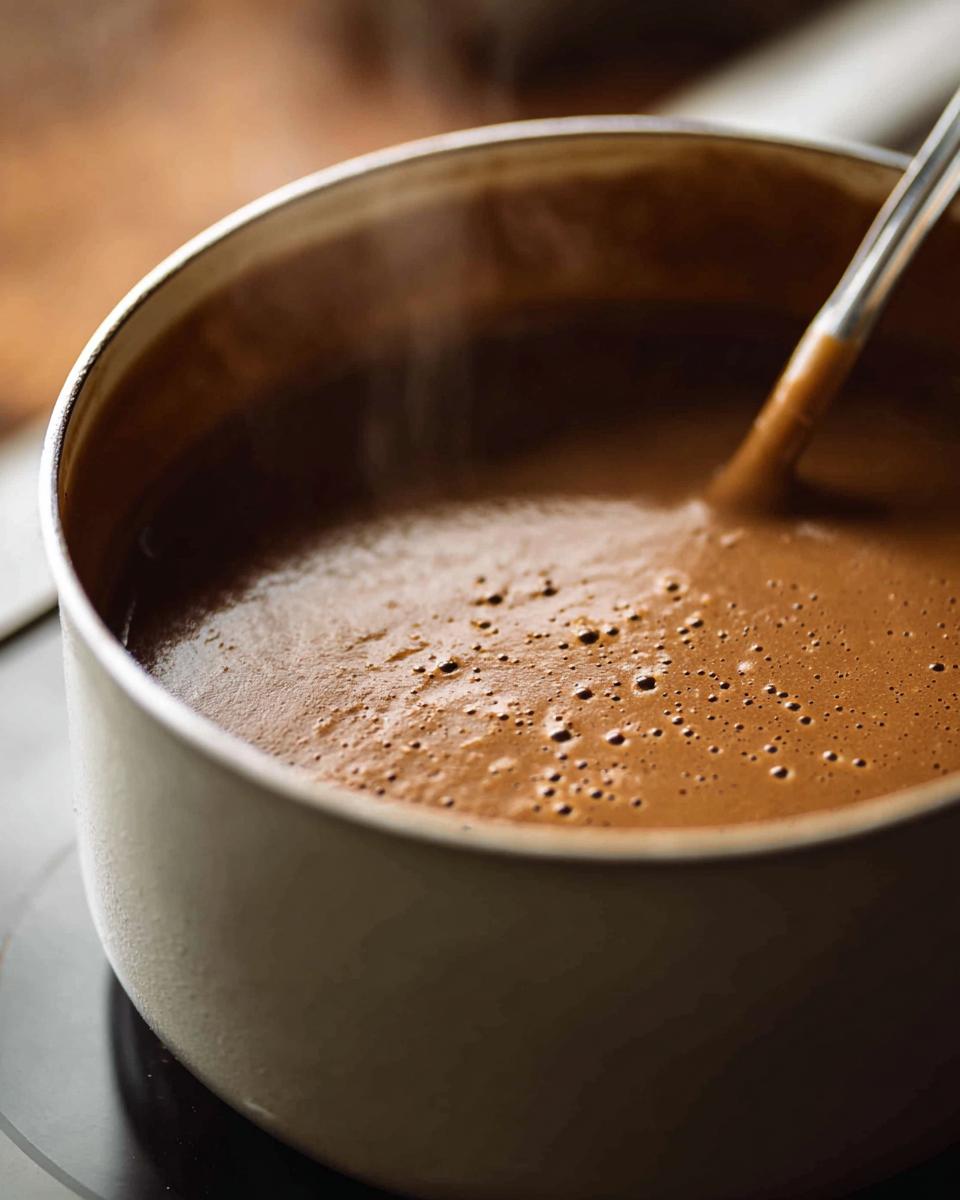 Close-up of rich, bubbling homemade gravy being stirred in a pot with a spoon.