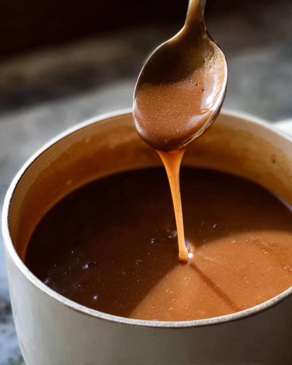 Close-up of rich, brown Homemade Gravy being poured from a spoon into a pot.