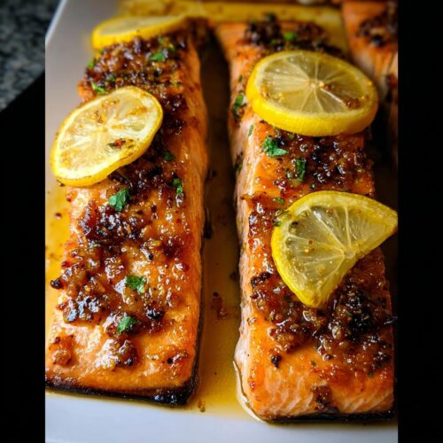 Close-up of perfectly baked Honey Garlic Salmon fillets, glistening with sauce and topped with lemon slices and parsley.
