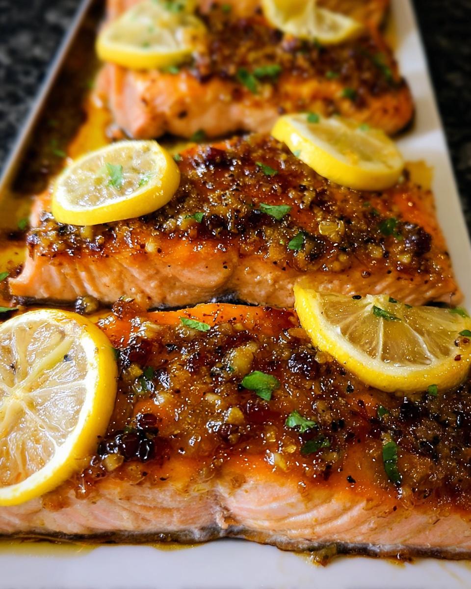 Close-up of three juicy Honey Garlic Baked Salmon fillets on a white platter, garnished with lemon slices and parsley.