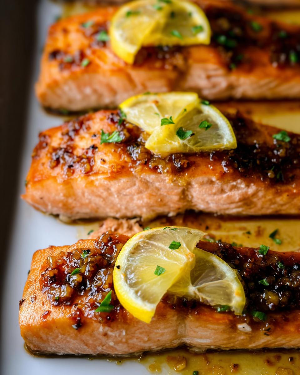 Close-up of three juicy Honey Garlic Baked Salmon fillets, glazed and topped with lemon slices and parsley.