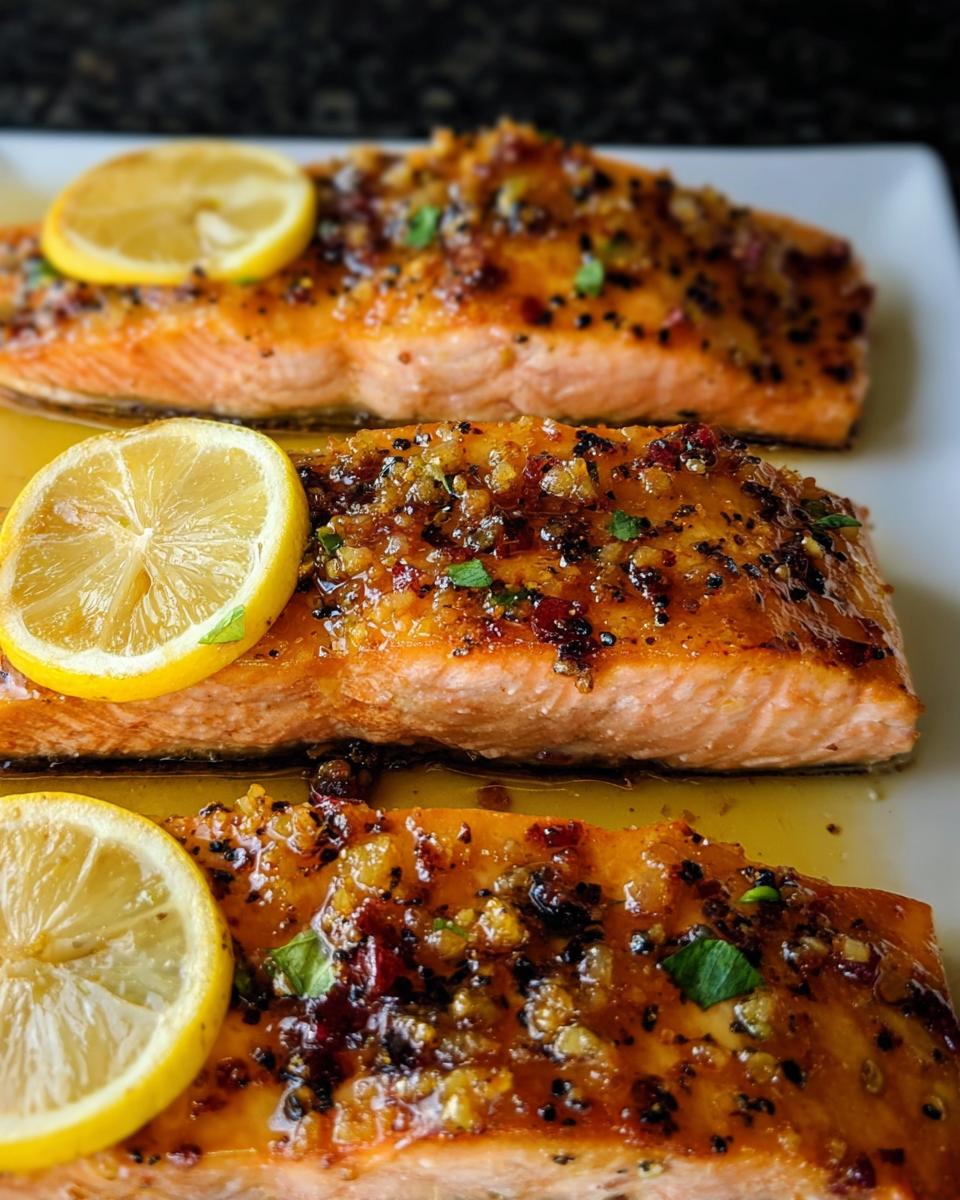 Three juicy honey garlic baked salmon fillets topped with lemon slices and herbs on a white plate.