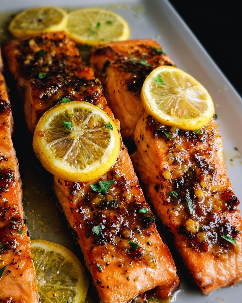 Close-up of perfectly cooked Honey Garlic Baked Salmon fillets, topped with lemon slices and fresh herbs.