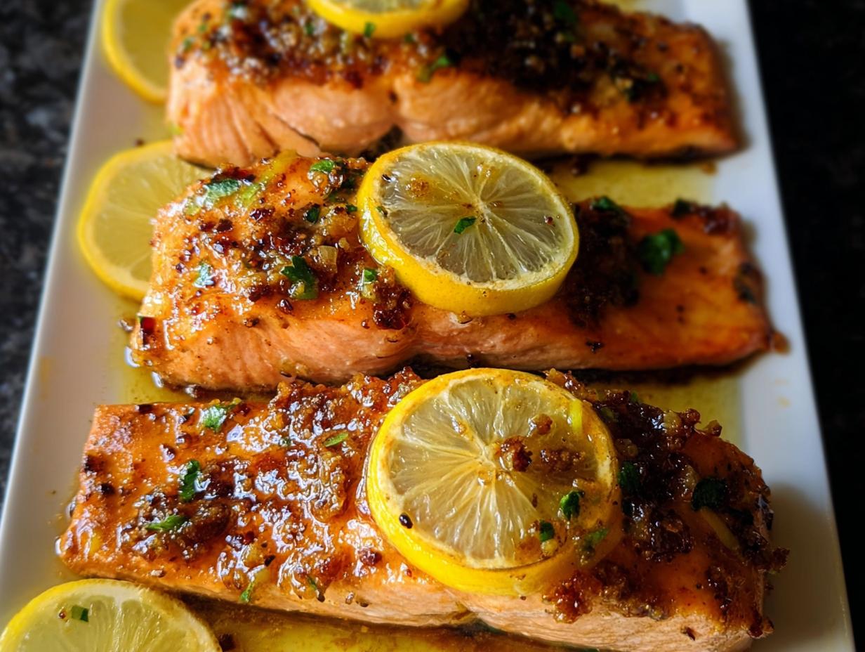 Three perfectly cooked Honey Garlic Baked Salmon fillets served on a white platter with lemon slices.
