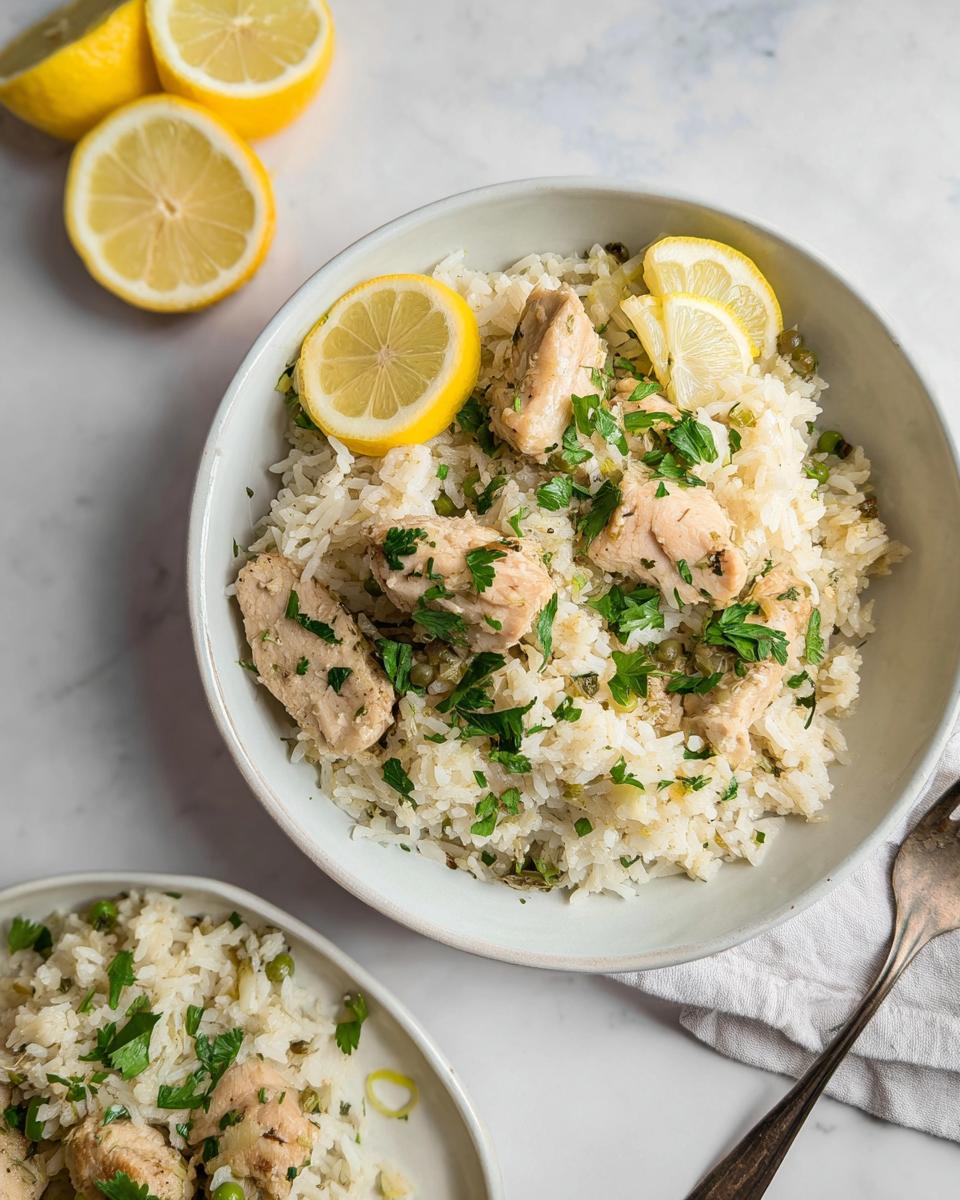 A bowl of Instant Pot Lemon Garlic Chicken & Rice topped with fresh parsley and lemon slices.