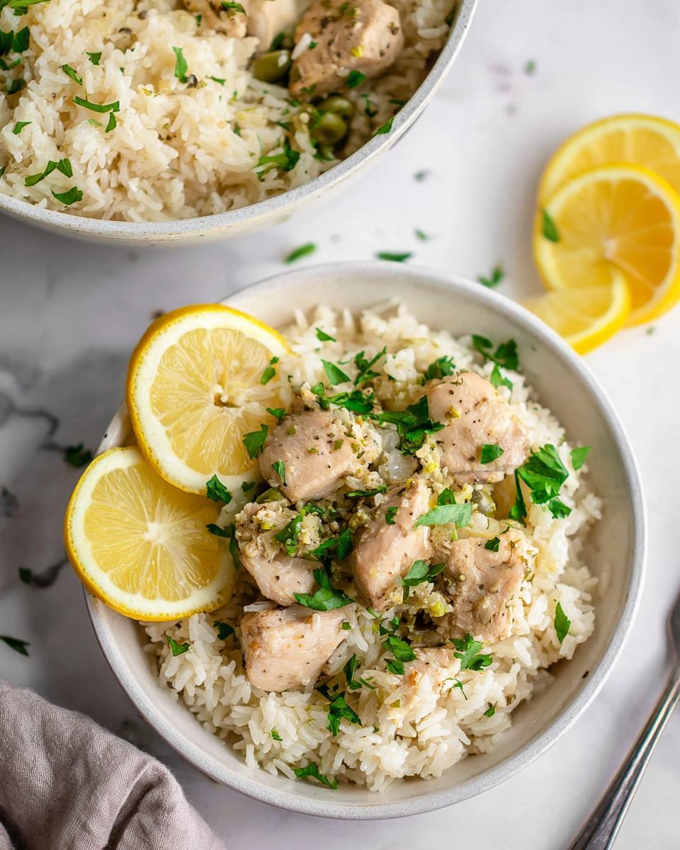 A bowl of Instant Pot Lemon Garlic Chicken & Rice topped with fresh parsley and lemon slices.