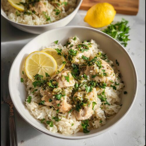 A bowl of Instant Pot Lemon Garlic Chicken & Rice topped with lemon slices and fresh parsley.