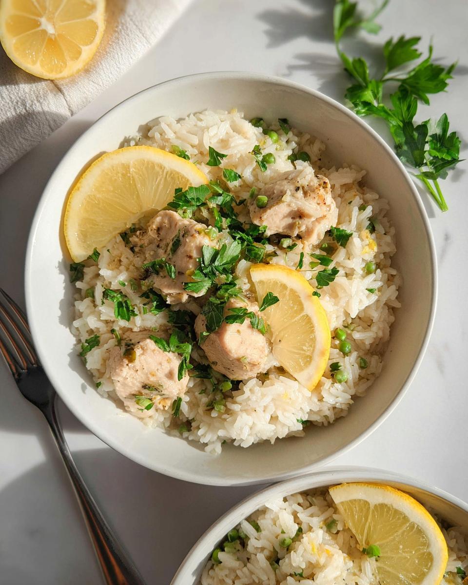 A bowl of Instant Pot Lemon Garlic Chicken & Rice topped with lemon slices and parsley.