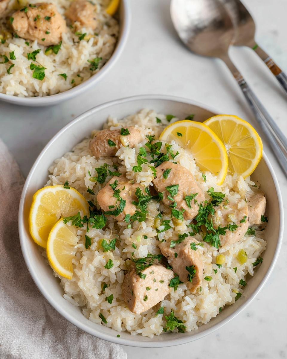 A bowl of Instant Pot Lemon Garlic Chicken & Rice topped with fresh parsley and lemon slices.
