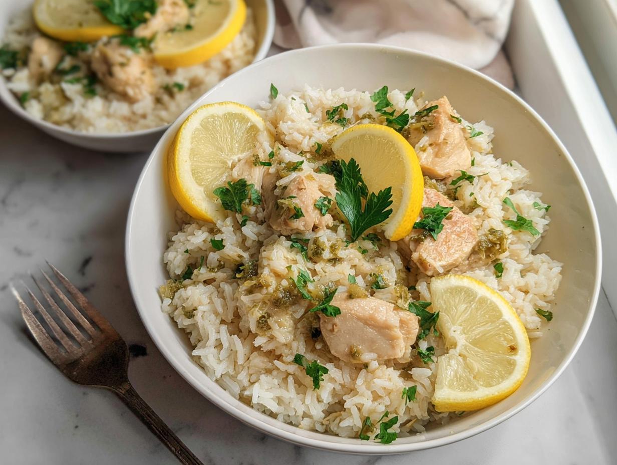 A close-up of a white bowl filled with fluffy rice topped with tender chicken pieces, garnished with lemon slices and fresh parsley.
