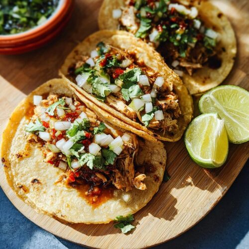 Three delicious Instant Pot Lemon Garlic Chicken Tacos topped with diced onions, cilantro, and chili, served with lime wedges.