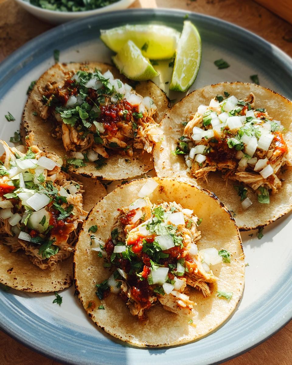 Four delicious Instant Pot Lemon Garlic Chicken Tacos topped with onions, cilantro, and salsa, served with lime wedges.