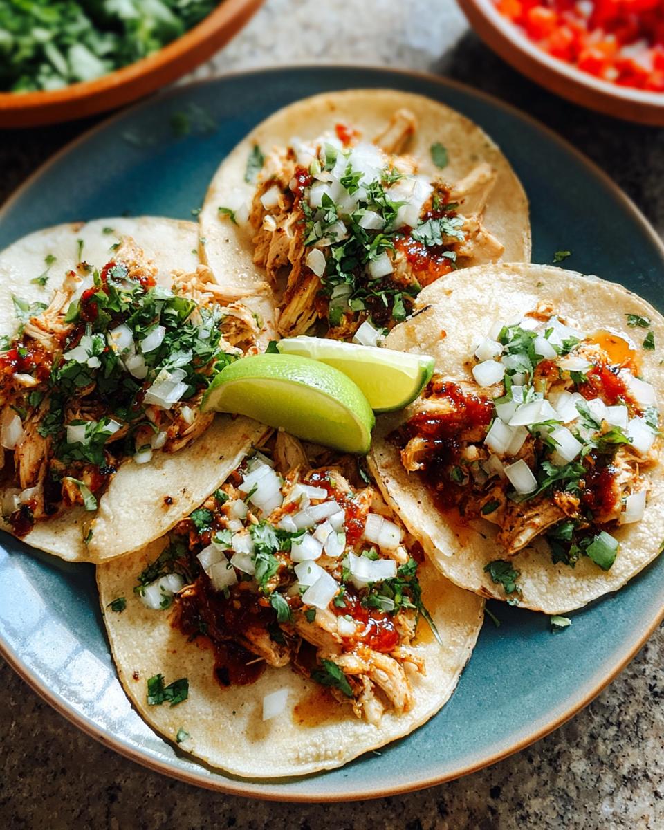 A plate of four Instant Pot Lemon Garlic Chicken Tacos, topped with onions, cilantro, and lime wedges.