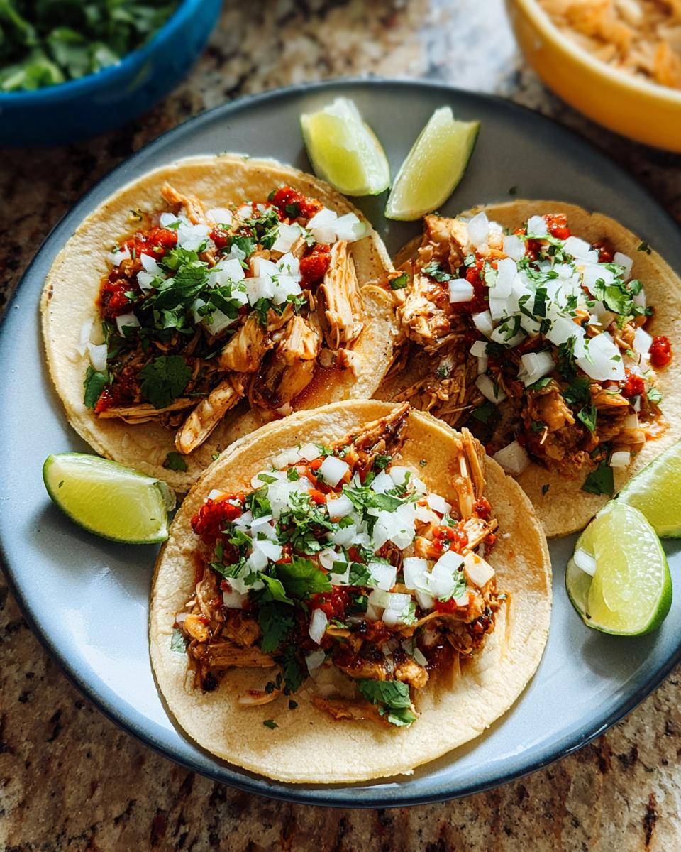 Three Instant Pot Lemon Garlic Chicken Tacos topped with salsa, onions, and cilantro, served with lime wedges.