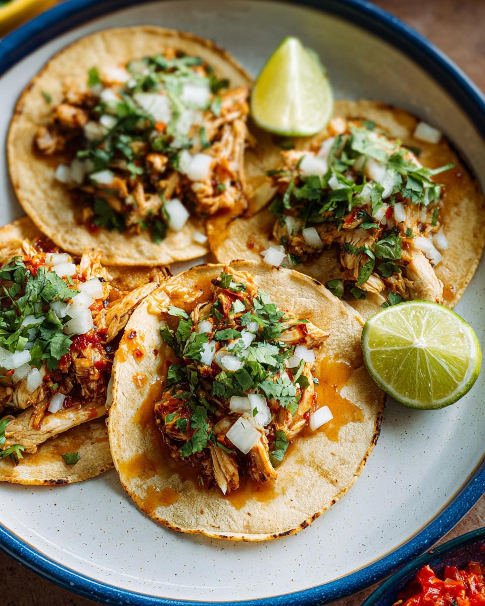 Close-up of four Instant Pot Lemon Garlic Chicken Tacos topped with onions and cilantro, served with lime wedges.