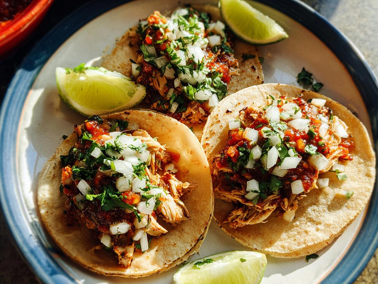 Three delicious Instant Pot Lemon Garlic Chicken Tacos topped with salsa, onions, and cilantro, served with lime wedges.