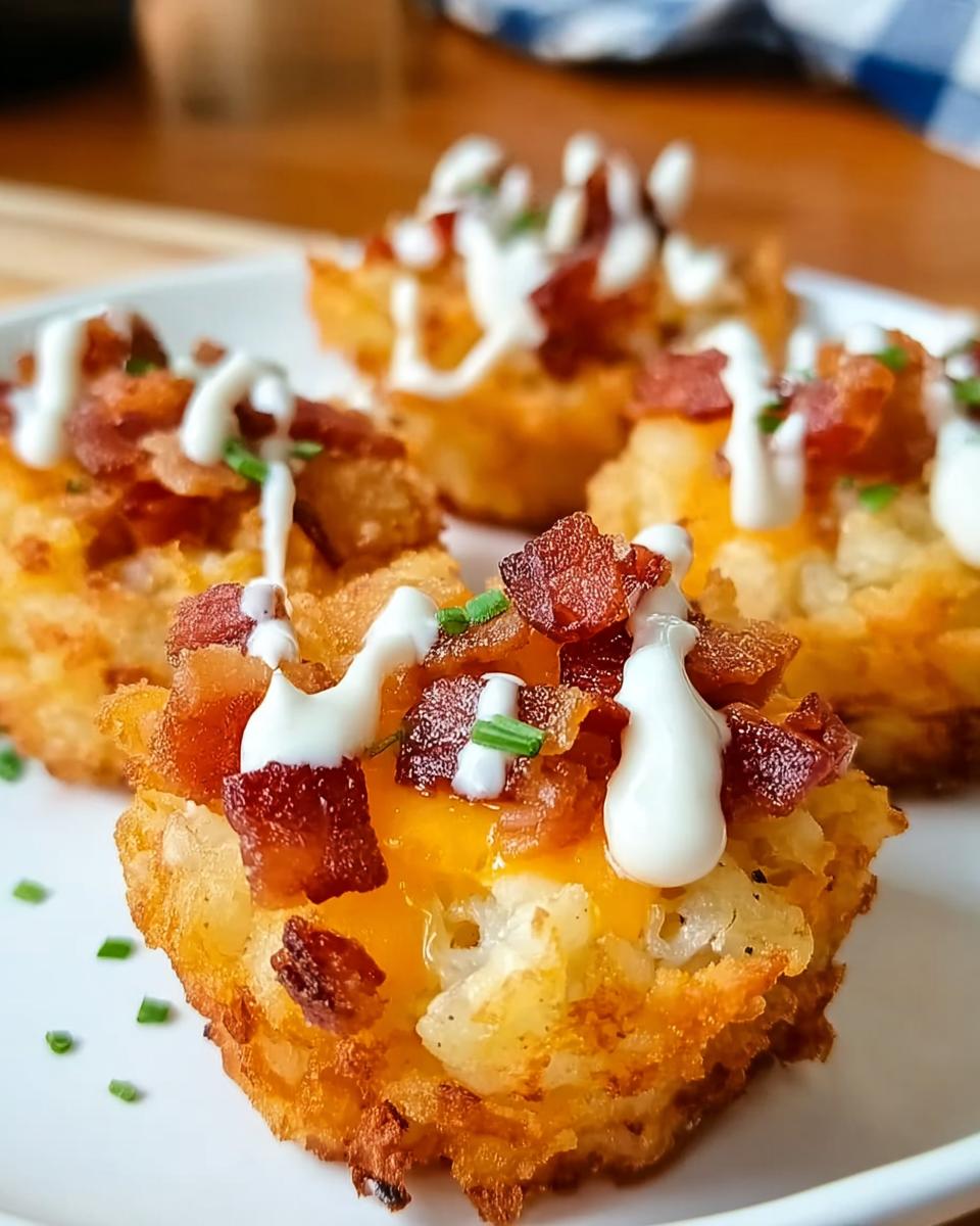 Close-up of Loaded Tater Tot Bites topped with melted cheese, crispy bacon, sour cream, and chives.