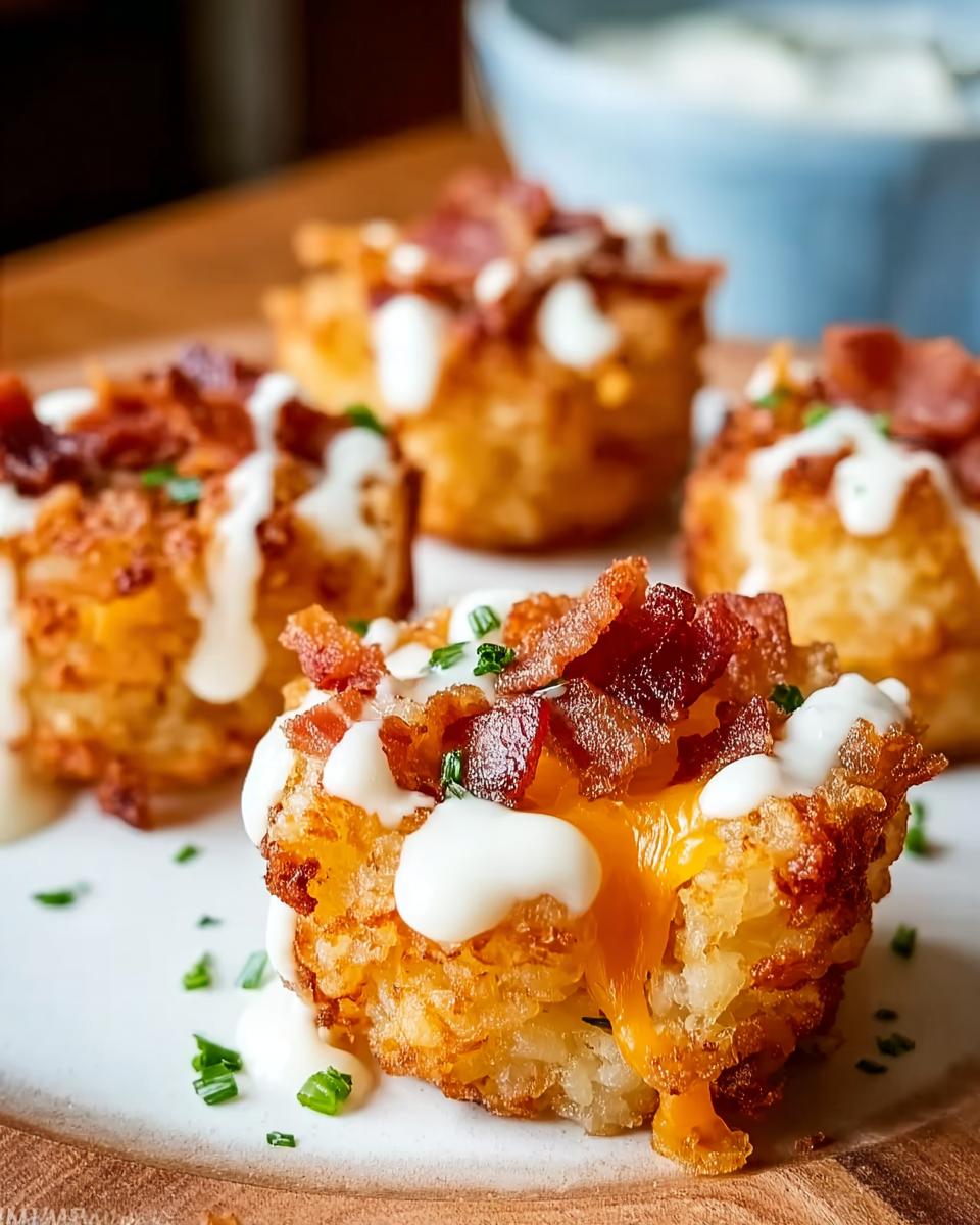 Close-up of Loaded Tater Tot Bites topped with melted cheese, bacon, and a drizzle of sauce.