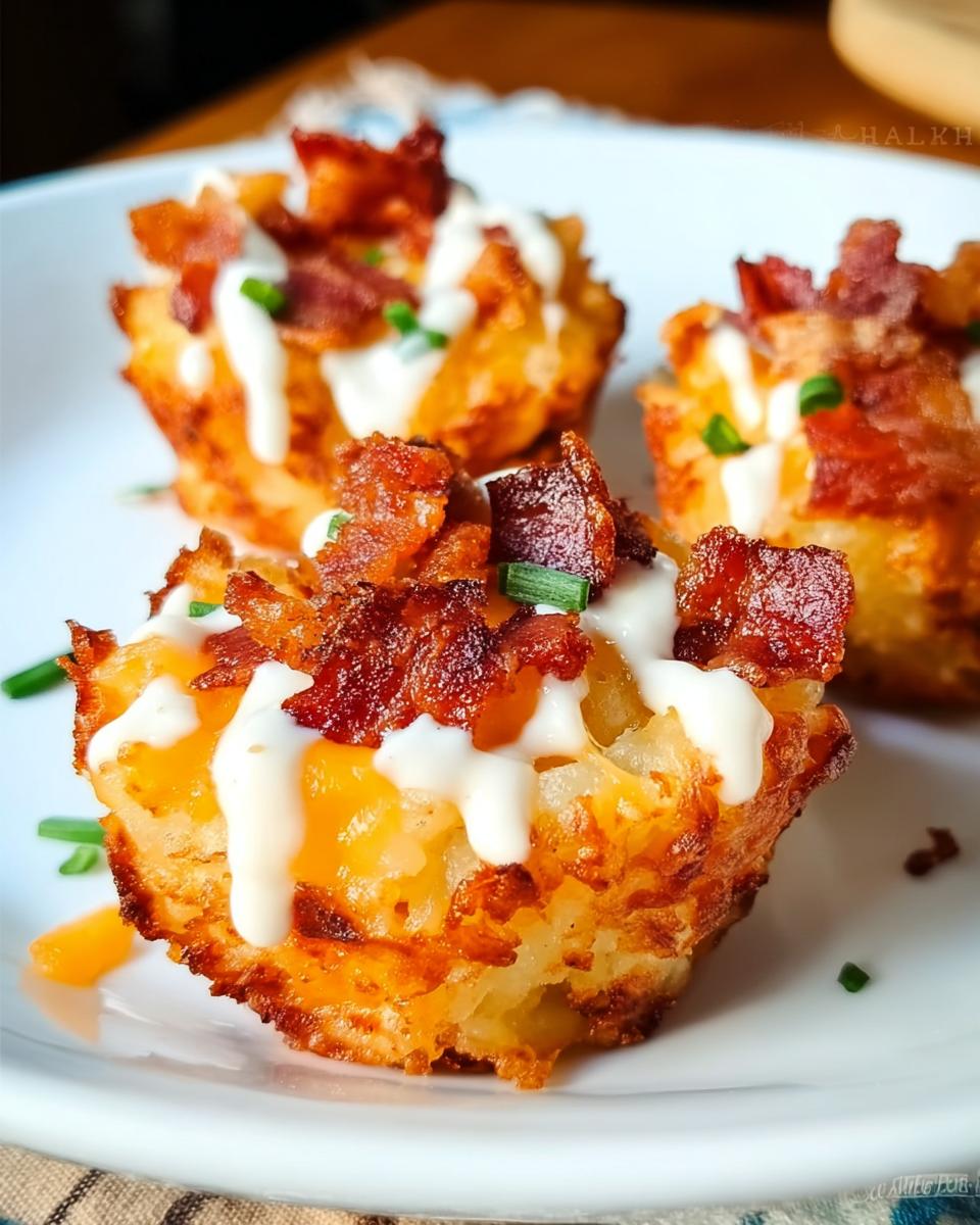Close-up of Loaded Tater Tot Bites topped with crispy bacon, melted cheese, and a drizzle of sauce.