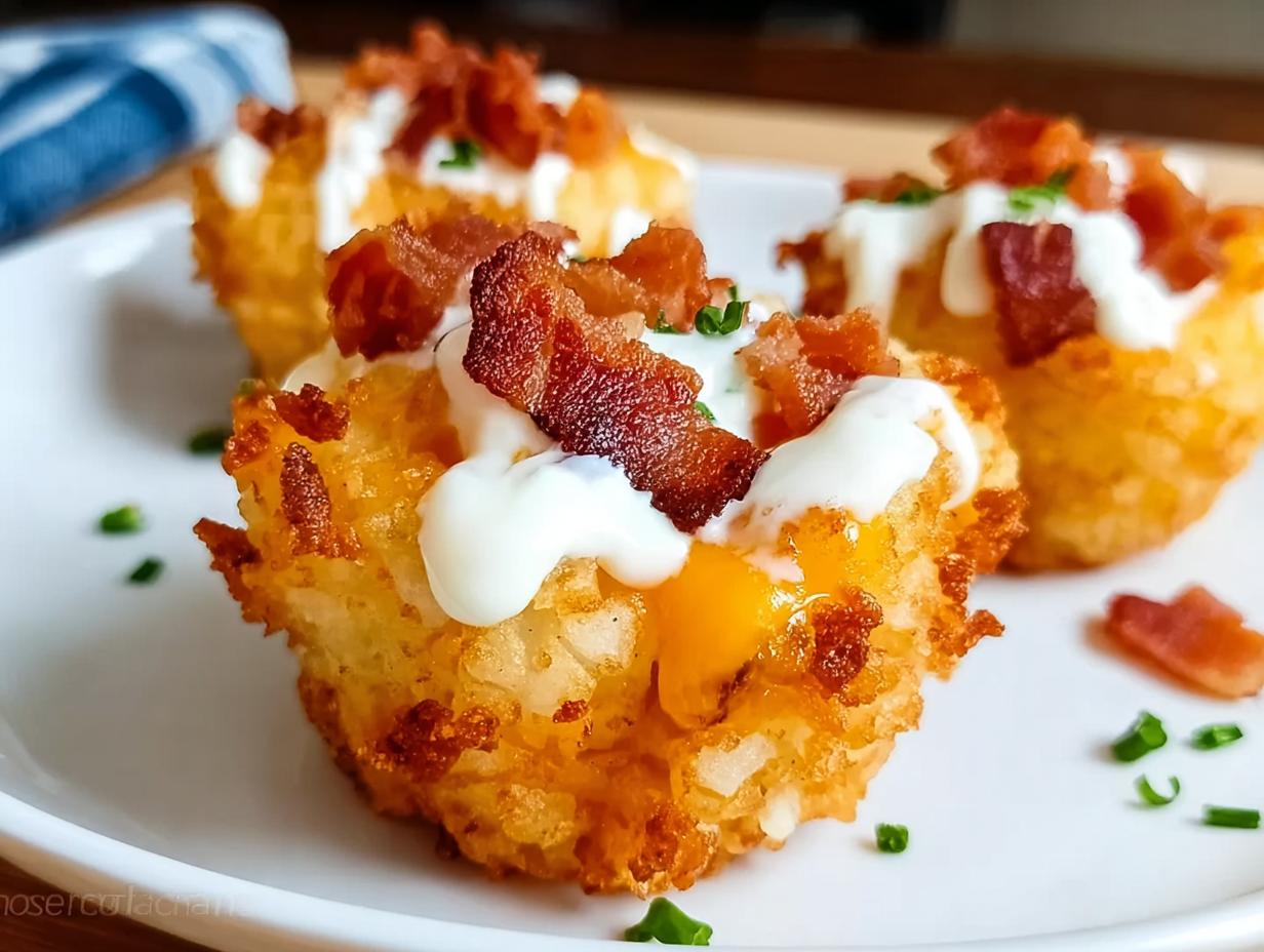 Close-up of Loaded Tater Tot Bites topped with cheese, sour cream, bacon, and chives.