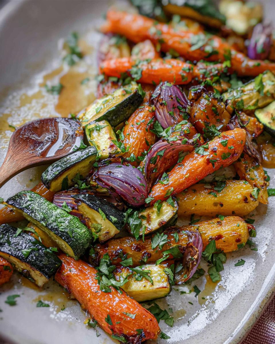 A close-up of vibrant Maple Dijon Roasted Veggies, featuring tender carrots, zucchini slices, and red onion wedges, sprinkled with fresh parsley.