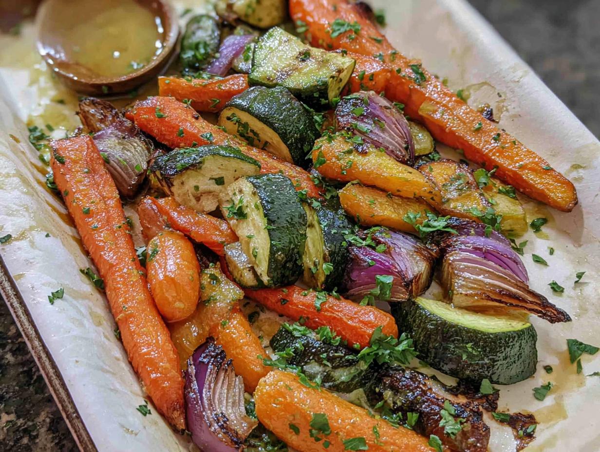 A close-up of colorful Maple Dijon Roasted Veggies including carrots, zucchini, and red onion, sprinkled with fresh parsley.