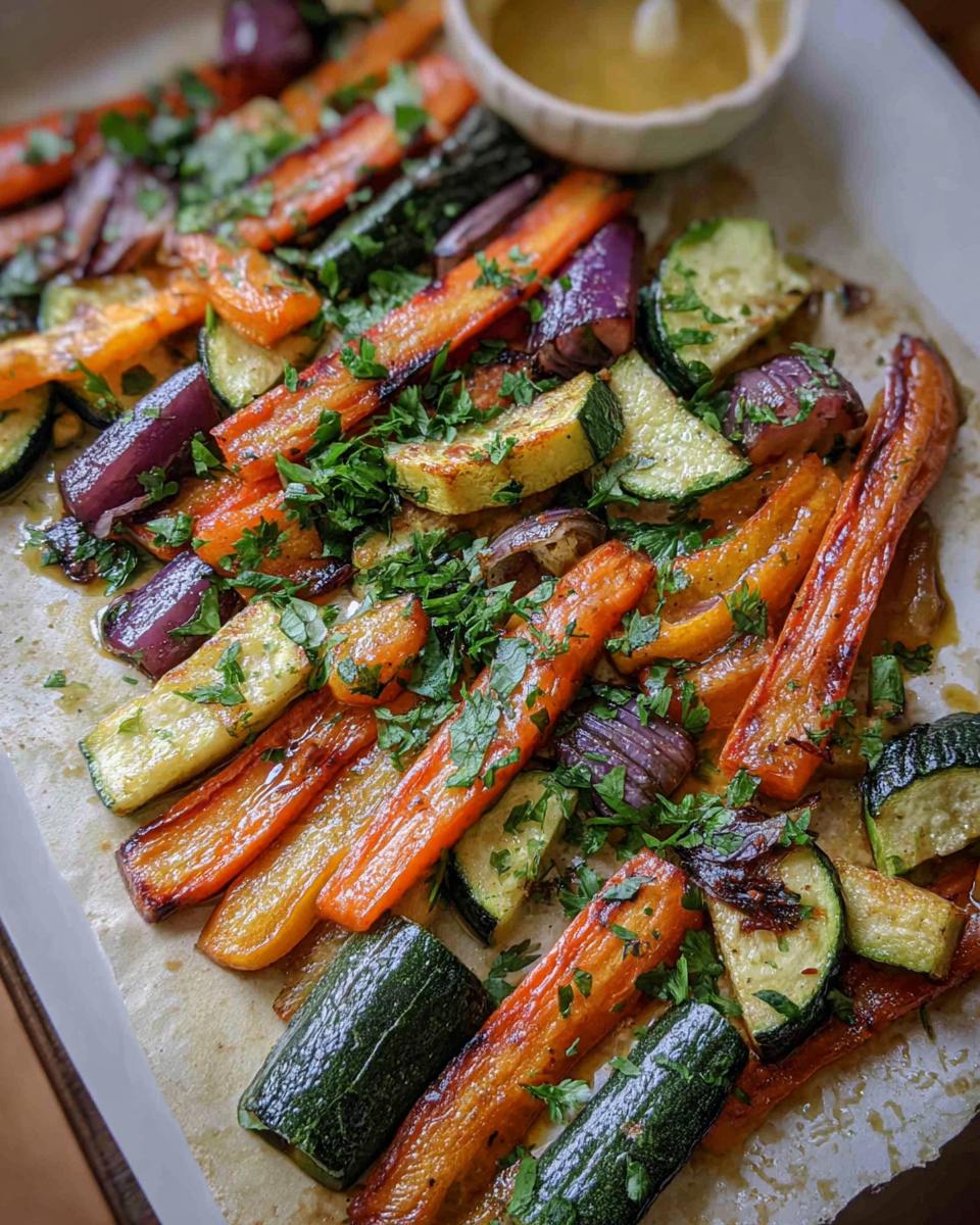 A close-up view of colorful Maple Dijon Roasted Veggies, including carrots, zucchini, and eggplant, sprinkled with fresh parsley.