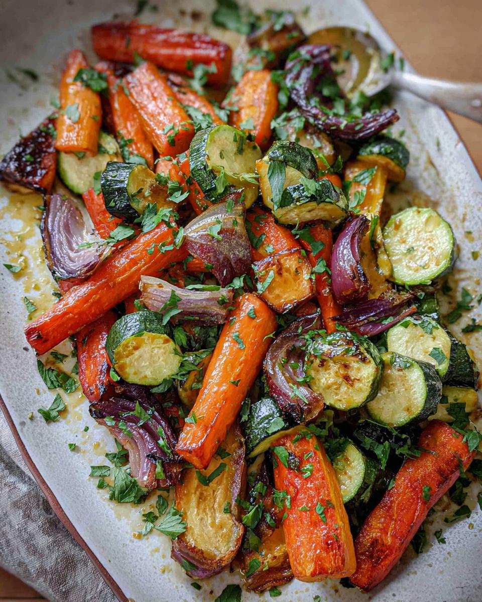 A close-up view of colorful Maple Dijon Roasted Veggies, including carrots, zucchini, and red onion, sprinkled with fresh parsley.