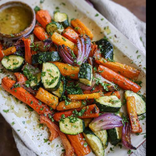 A close-up of colorful Maple Dijon Roasted Veggies including carrots, zucchini, and red onion, sprinkled with parsley.