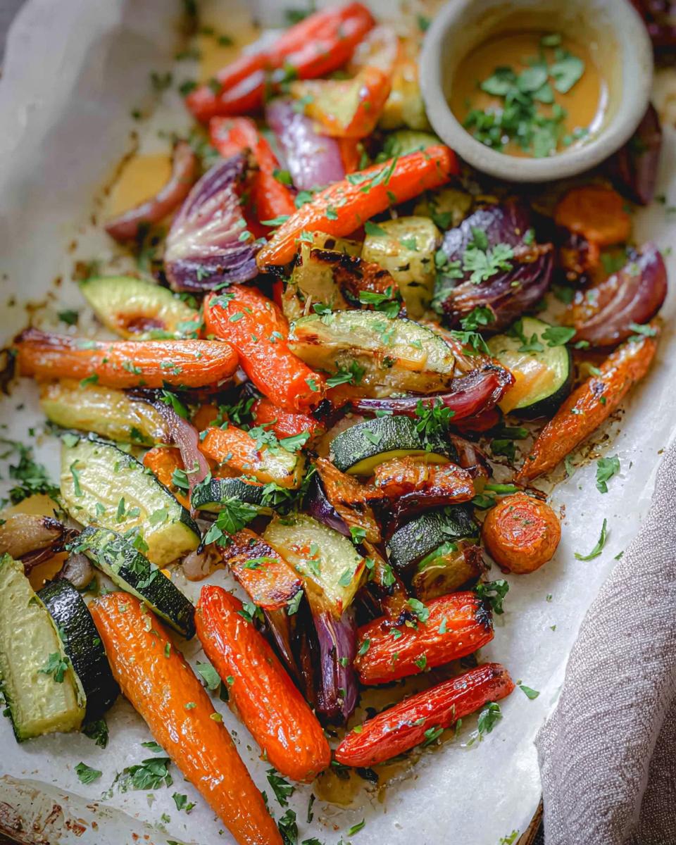 A close-up of colorful Maple Dijon Roasted Veggies, including carrots, zucchini, and red onion, sprinkled with parsley.