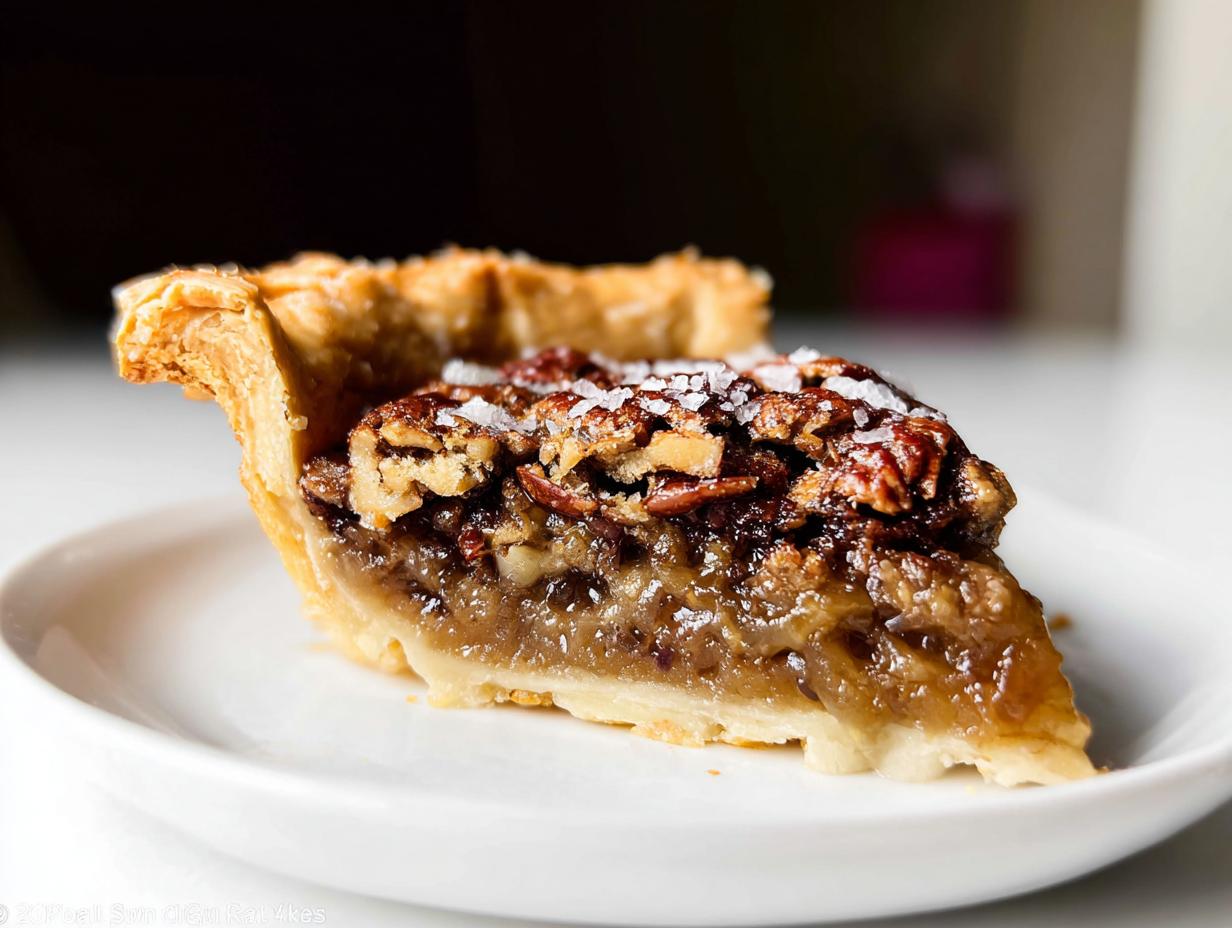 A close-up of a slice of maple pecan pie with maple syrup, topped with flaky crust and coarse salt.