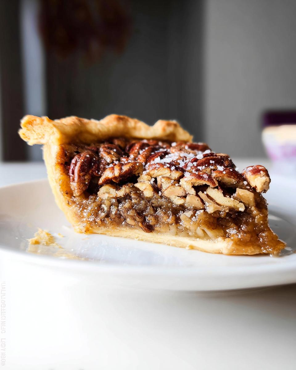 A close-up of a slice of maple pecan pie with syrup, showing the flaky crust and rich filling topped with pecans.