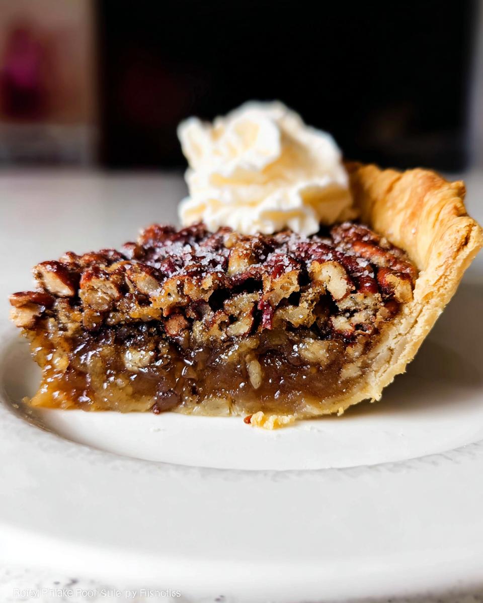 A delicious slice of Maple Pecan Pie topped with whipped cream, showcasing the rich filling and flaky crust.