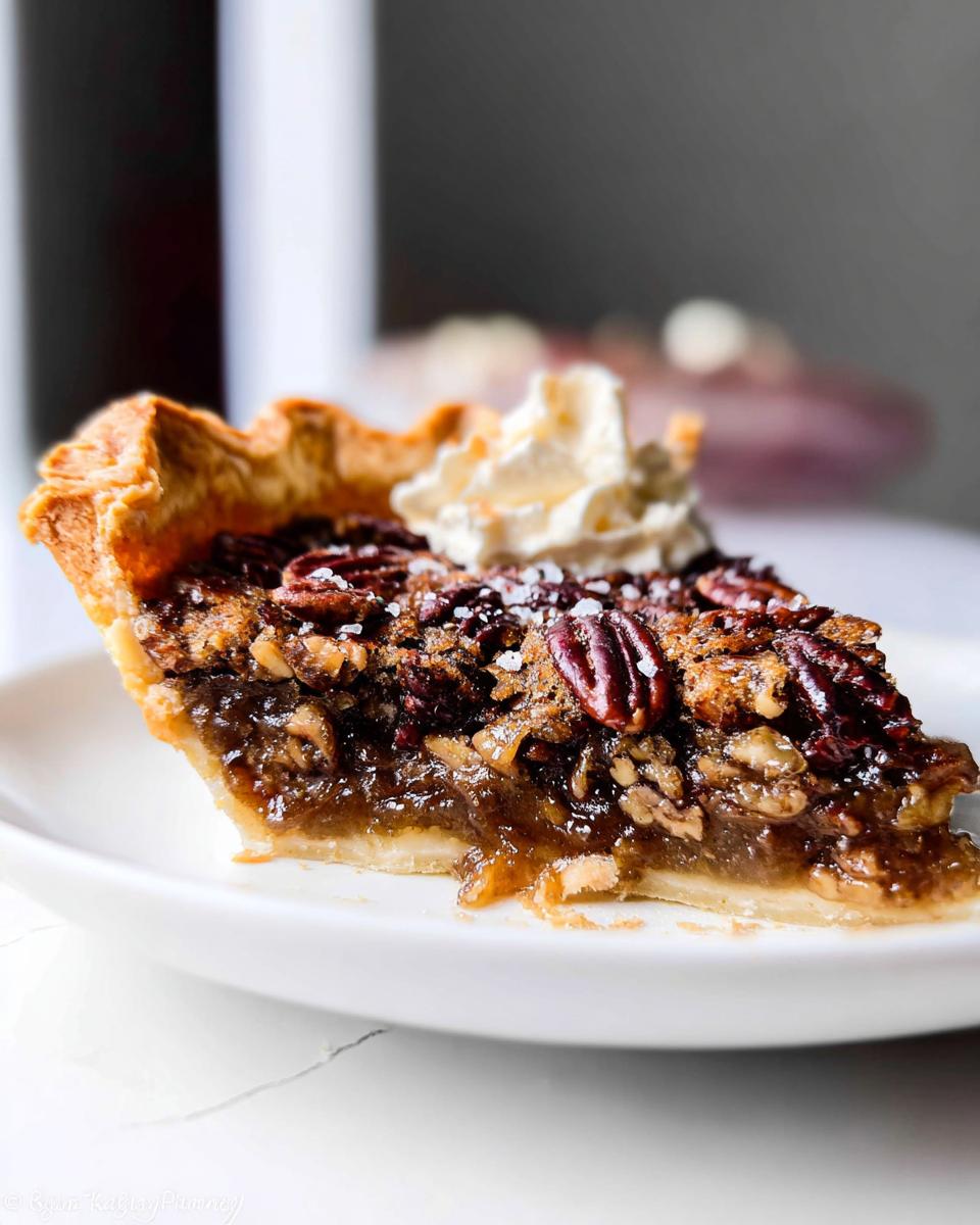 A delicious slice of maple pecan pie topped with whipped cream and a sprinkle of sea salt.