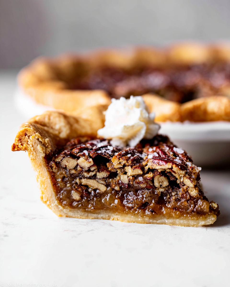 A delicious slice of maple pecan pie topped with whipped cream and a sprinkle of sugar.