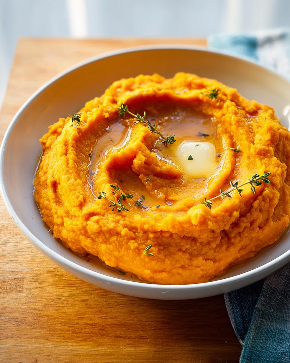 A close-up of creamy Maple Sweet Potato Mash in a white bowl, topped with melting butter and fresh thyme sprigs.